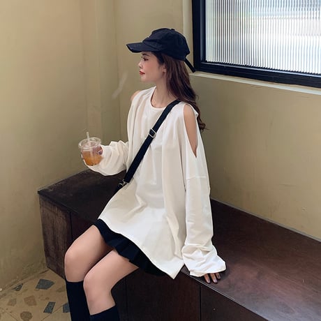 オープンショルダー Tシャツ 長袖 不規則デザイン 韓国ファッション レディース ロンT トップス ラウンドネック ガーリー ストリート (DTC-623972080031)
