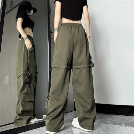 2WAY カーゴパンツ ワイドパンツ バックルベルト ストラップ ミリタリーパンツ アシンメトリー ウエストゴム 韓国ファッション レディース カジュアル DTC-656242658198_2