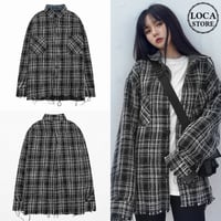 ユニセックス チェック柄 シャツ 切りっぱなしデザイン オーバーサイズ ルーズ 長袖 韓国ファッション メンズ レディース 韓国ストリートファッション TBN-582527333818