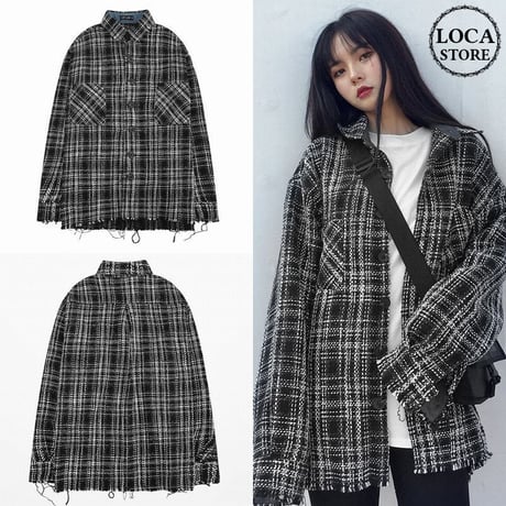 ユニセックス チェック柄 シャツ 切りっぱなしデザイン オーバーサイズ ルーズ 長袖 韓国ファッション メンズ レディース 韓国ストリートファッション TBN-582527333818