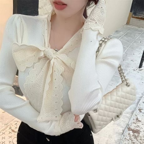 ニット レース リボン フリル Vネック トップス リブニット スリムフィット 長袖 レトロ 大人可愛い ガーリー フェミニン DTCA-870461542646