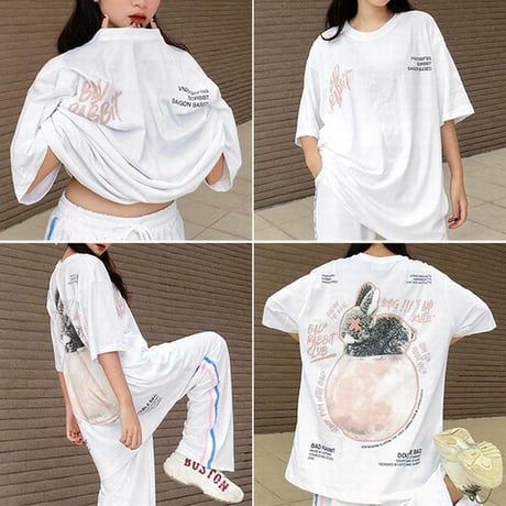 ユニセックス Tシャツ 半袖 BADRABBIT うさぎ プリント オーバーサイズ ゆったり 大きめ 韓国ファッション メンズ レディース カジュアル ストリート系 DTC-643342164117