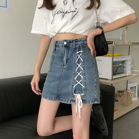 編込み デニムスカート ショートパンツ 韓国ファッション レディース スカパン インナーパンツ ハイウエスト ショート丈 Aライン ガーリー レトロ DTC-618967660120
