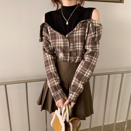 チェック柄 フェイクレイヤード ドッキングトップス チェックシャツ オフショルダー 長袖 レトロ 韓国ファッション レディース 大人可愛い ガーリー DTC-666187721262