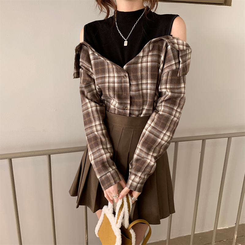 チェック柄 フェイクレイヤード ドッキングトップス チェックシャツ