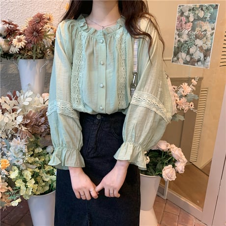 2way ブラウス シャーリングネック 長袖 韓国ファッション レディース 大人可愛い ガーリー レトロ DTC-627969886702