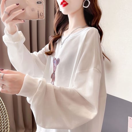 トレーナー 羽 エンジェルくまちゃん 薄手 シンプル ルーズ 韓国ファッション レディース トップス 大きめ ガーリー カジュアル ストリートファッション DTC-651472313621