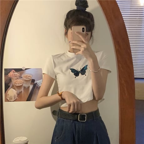 バタフライ Tシャツ クロップド丈 半袖 ホワイト 蝶 白 ショート丈 かわいい レトロ 韓国ファッション レディース 大人可愛い ガーリー DTC-615160318594_wt