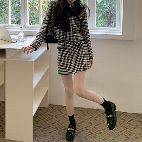 セットアップ 千鳥柄 ショートジャケット スカート リボンタイ 長袖 ルーズ 韓国ファッション レディース 2点セット チェック柄 大人可愛い ガーリー DTC-657329728331