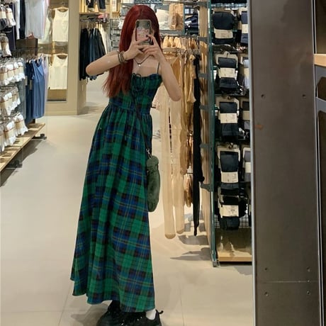 チェック柄 キャミワンピース ロング丈 Aライン ハイウエスト スリングワンピース レトロ 韓国ファッション レディース 大人可愛い ガーリー カジュアル DTC-707350329702