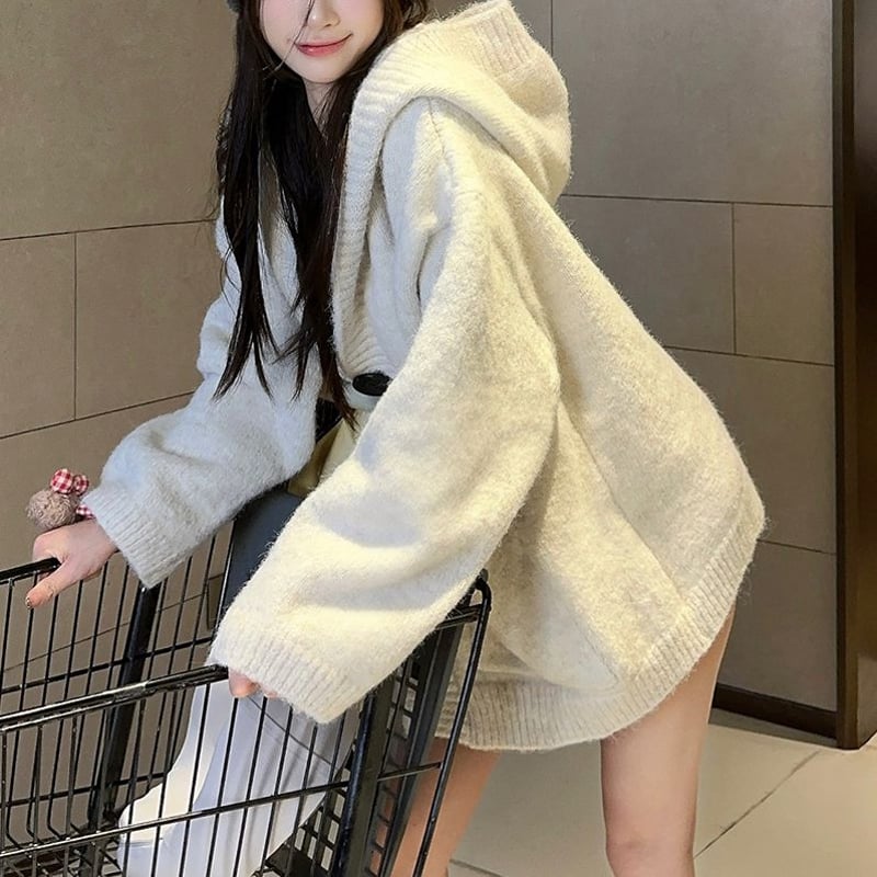 フード付き ニットカーディガン 大きいボタン ニット シングルブレスト