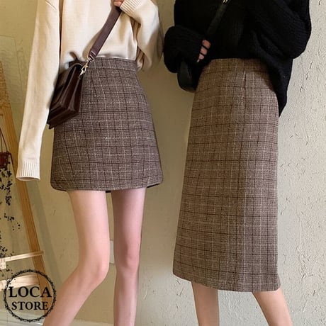 【2点セット】 ミニスカート ＋ ロングスカート 韓国ファッション レディース スカート ブラウン チェック柄 ハイウエスト タイトスカート ウール レトロ (DTC-605623602308_02)