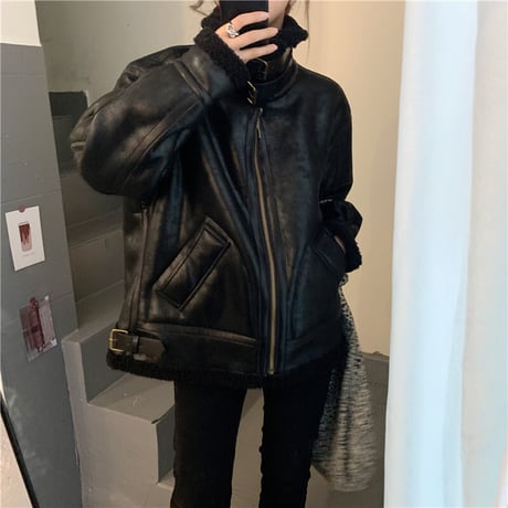 フェイクレザー ジャケットブルゾン フライトジャケット 合成皮革 ボマー ボア 暖かい アウター オーバーサイズ 韓国ファッション レディース 大人可愛い ガーリー DTC-660791367014