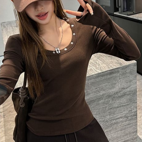 Tシャツ スタッズ付き クルーネック カットソー スリムフィット ロンT トップス プルオーバー 長袖 レトロ 大人可愛い ガーリー カジュアル DTCA-981634076695