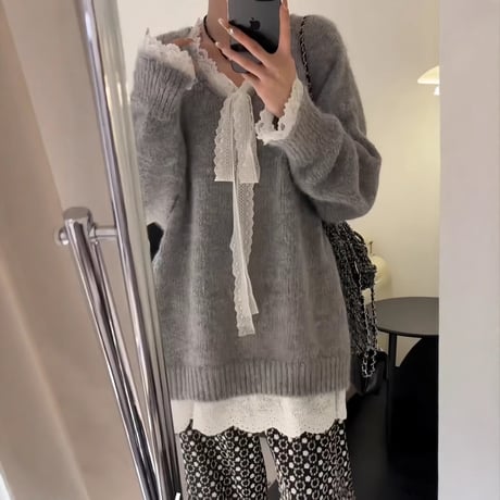 ニット レース リボン Vネック プルオーバー セーター トップス ルーズ フェイクツーピース 長袖 レトロ 大人可愛い ガーリー フェミニン カジュアル DTCA-849338174416