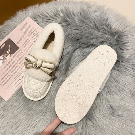 ファーシューズ リボン 22.5～25.0cm ローファー フラット フェイクファー もこもこ 歩きやすい おしゃれ 疲れない ガーリー DTC-661269724427