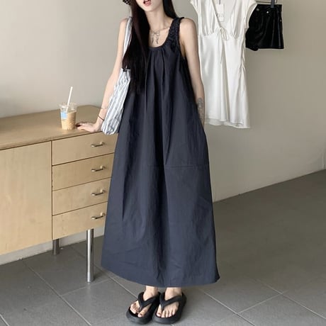 ノースリーブ ワンピース ギャザー ゆったりウエスト ロングワンピース Aライン 体型カバー ルーズ レトロ 大人可愛い ガーリー 韓国ファッション レディース DTC-809589554371