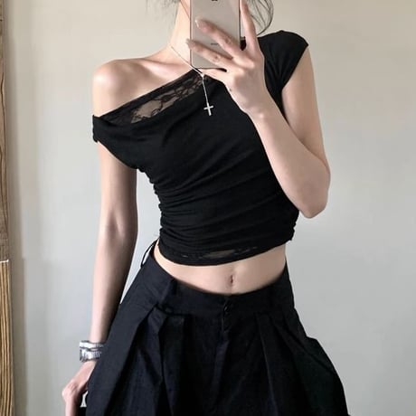 Tシャツ レース付き クロップド丈 ショート丈 ワンショルダー スリムフィット トップス スリムtシャツ カットソー 半袖 レトロ 大人可愛い ガーリー DTCA-902062232021