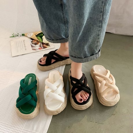 クロスベルト 厚底サンダル 22.5～25.0cm プラットフォーム 厚底 サンダル ビーチサンダル 美脚効果 脚長 トレンド 韓国ファッション レディース DTC-646643961256