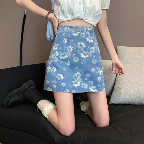 花柄 デニムスカート ミニスカート デニム 総柄 ハイウエスト レトロ 韓国ファッション レディース 大人可愛い ガーリー フェミニン カジュアル DTC-643028662409