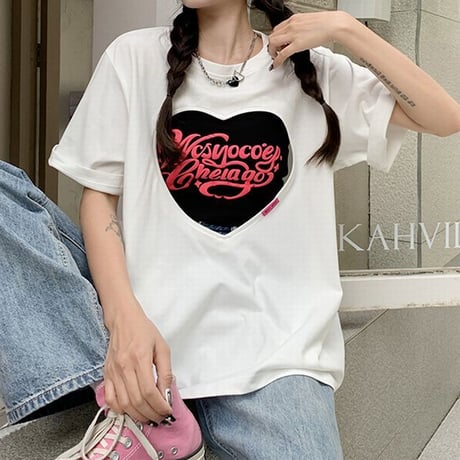 【2カラー】 セット商品 ハートカット Tシャツ 半袖 チューブトップ ゆったり ルーズ 韓国ファッション レディース 大人可愛い ガーリー カジュアル DTC-677839893584