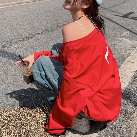 2WAY 前後着用 トップス ロンT ワンショルダー オフショルダー tシャツ スウェット アシンメトリー オーバーサイズ ゆったり レトロ 長袖 カジュアル DTCA-837273595763