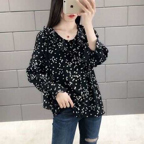 レディース ハート柄ブラウス ハート柄シャツ トップス フリル 薄手 長袖 シフォン フレア袖 ガーリー フェミニン 韓国ファッション (DCT-591142140695)