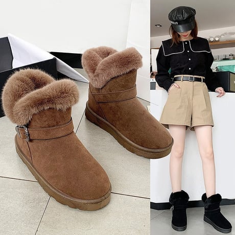 ムートンブーツ ベルト バックル 23.0～25.0cm 韓国ファッション レディース ファーブーツ 防寒 もこもこ 631123140141
