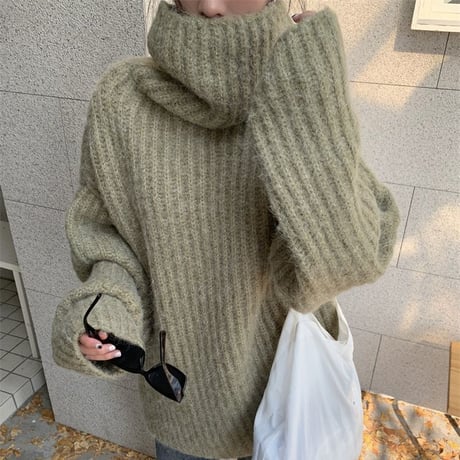 タートルネック リブニット ルーズ ハイネック ニット セーター ゆったり 長袖 レトロ 韓国ファッション レディース 大人可愛い ガーリー カジュアル DTC-691643863678