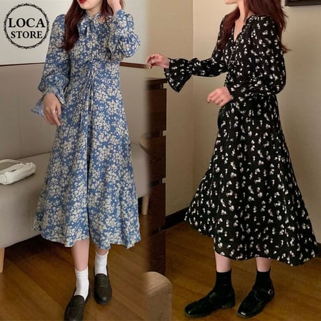 花柄 ワンピース Vネック 長袖 ロング丈  韓国ファッション レディース 大人可愛い ガーリー フェミニン DTC-626055147942
