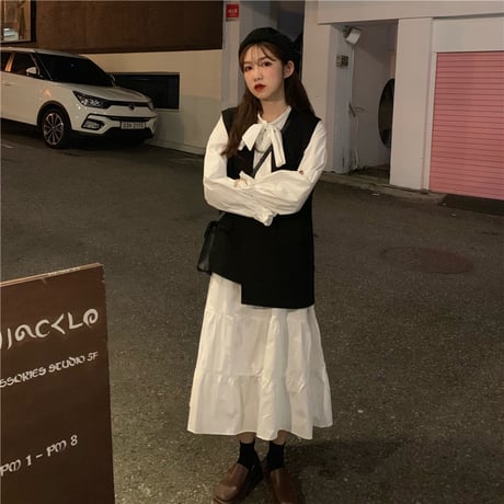 セットアップ ベスト ＋ ボウタイ フリル ワンピース 韓国ファッション レディース ロング丈 長袖 シンプル レトロ ガーリー (DTC-602303245123)