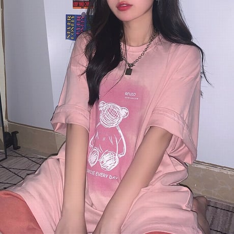 Tシャツ 半袖 クマちゃん ベアー プリント ラウンドネック オーバーサイズ 韓国ファッション レディース 大きめ ガーリー カジュアル ストリートファッション DTC-646471922876