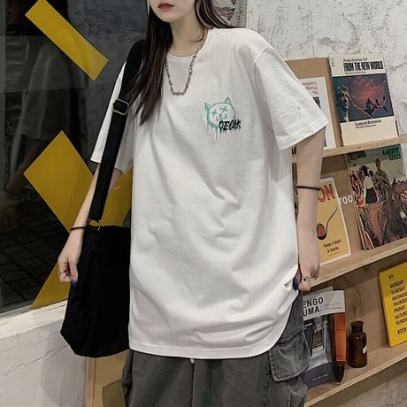 ユニセックス Tシャツ ネコプリント バックプリント 半袖 韓国ファッション メンズ レディース 大きめ ルーズ カジュアル ストリート系 DTC-638753135798
