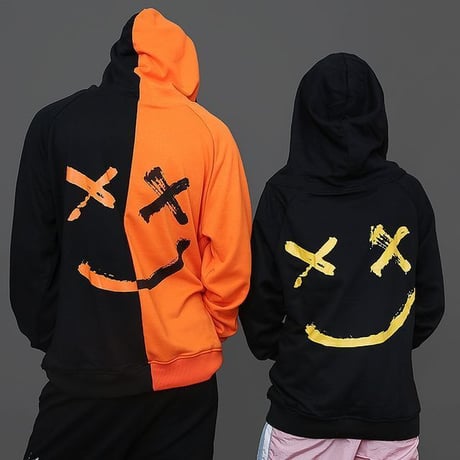 ユニセックス メンズ レディース パーカー セパレート スマイル バイカラー フード付き スウェット ストリート系 春 秋 冬 韓国ファッション (DCT-576710383674)
