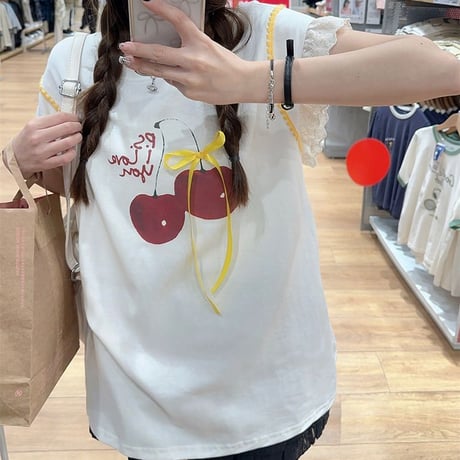 Tシャツ リボン さくらんぼプリント フライングスリーブ レース トップス 半袖 オーバーサイズ レトロ 韓国ファッション レディース 大人可愛い ガーリー DTC-809879124637