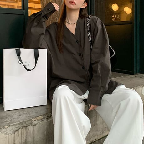 ノーカラー シャツ Vネック ルーズ ブラウス 長袖 レトロ 韓国ファッション レディース 大人可愛い ガーリー DTC-733875125653