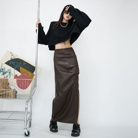 レザースカート スリット ギャザー ハイウエスト スリム ロングスカート Aライン フェイクレザー PU スカート レトロ 大人可愛い ガーリー DTCA-836026991450