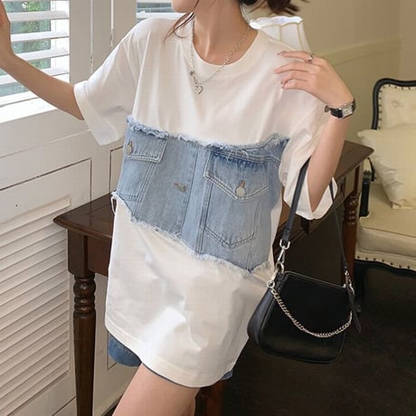 Tシャツ 半袖 デニムミックス 異素材 オーバーサイズ ルーズ 韓国ファッション レディース 大人可愛い ガーリー カジュアル 韓国ストリートファッション DTC-675175759418