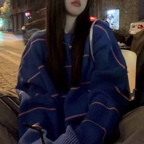 ボーダー ニットセーター プルオーバー クルーネック 厚手 長袖 ルーズ ゆったり レトロ 韓国ファッション レディース  大人可愛い ガーリー カジュアル DTC-658401914498