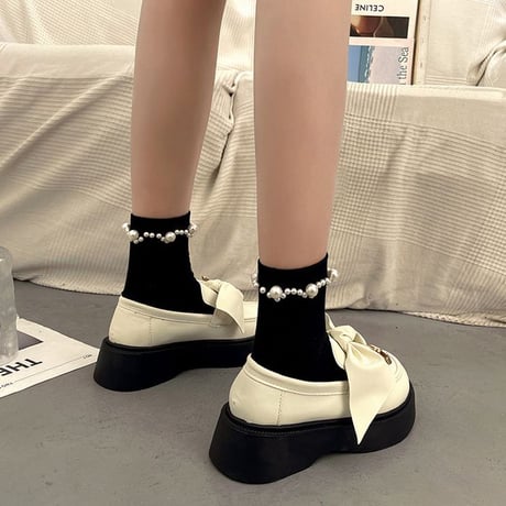 ローファー リボン 安全ピン 厚底 22.5～25.0cm ラバーソール 厚底シューズ かわいい ガーリー カジュアル 韓国ファッション レディース DTC-666542024099