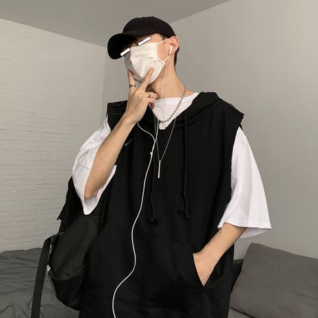 フード付き ベスト ユニセックス メンズ レディース プルオーバー 無地 オーバーサイズ 大きいサイズ ルーズ ストリート TBN-622664618988