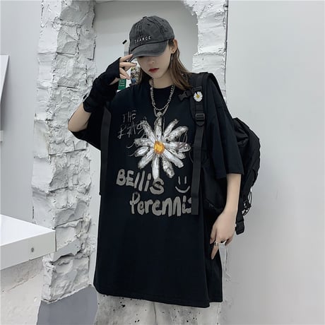 ユニセックス Tシャツ 半袖 メンズ レディース 落書き風 英字 花 フラワー プリント オーバーサイズ 大きいサイズ ルーズ ストリート DTC-615255947278