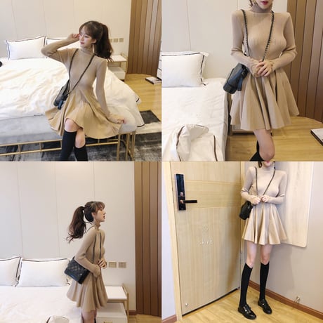 ハイネック ニットワンピース 韓国ファッション レディース タートルネック レース ウエストゴム ニット 長袖 セクシー タイト ガーリー (DCT-604931709813)