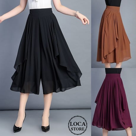 レディース レースフリル ワイドパンツ クロップドパンツ スカート風パンツ ガウチョ 韓国ファッション  (DCT-588962570413_a)