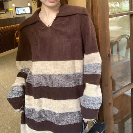 ニットワンピース ボーダー柄 パネルボーダー ロング丈 ラペル 大きい襟 ルーズ ロングワンピース 長袖 レトロ 韓国ファッション レディース 大人可愛い ガーリー DTC-745423082374