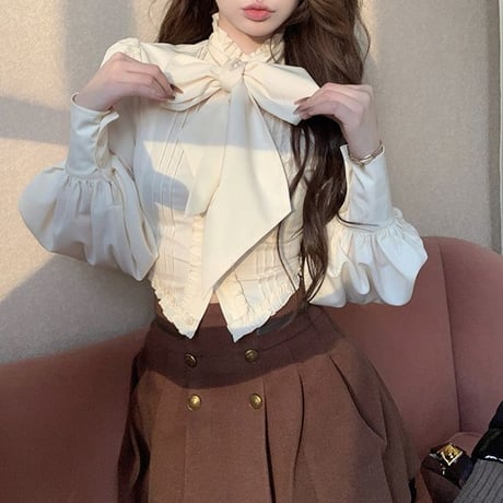リボンタイ ブラウス フリル ランタンスリーブ シフォン リボン ショート丈 スリムフィット レトロ 韓国ファッション レディース 大人可愛い ガーリー フェミニン DTC-763709152954