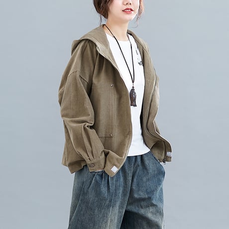 コーデュロイ ジャケット フード付き ショート丈 レディース アウター ドロップショルダー シンプル 長袖 大人カジュアル 春 秋 韓国 韓国ファッション (DTC-601758197653)