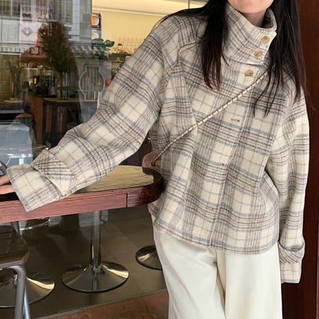 チェック柄 ショートコート スタンドカラー フェイクウール ボタン ルーズ 長袖 レトロ 韓国ファッション レディース 大人可愛い ガーリー DTC-690298555703