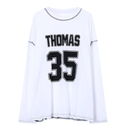 Tシャツ 長袖 ナンバリング レタープリント ロンT ワンショルダー オーバーサイズ トップス ルーズ レトロ 韓国ファッション レディース 大人可愛い ガーリー DTCA-861844447756