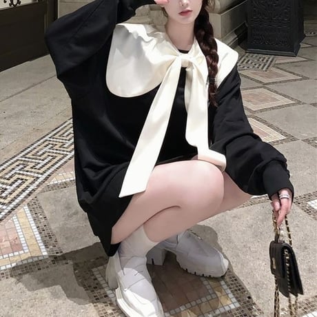 前後2wayデザイン トレーナー ボウタイ 大きい襟 ブラック 長袖 ゆったり レトロ 韓国ファッション レディース 大人可愛い ガーリー カジュアル フェミニン DTC-654405398429